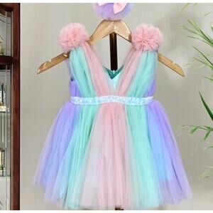 Baby Girls Tulle pom pom Unicorn Birthday Party Dress Size 1 Year